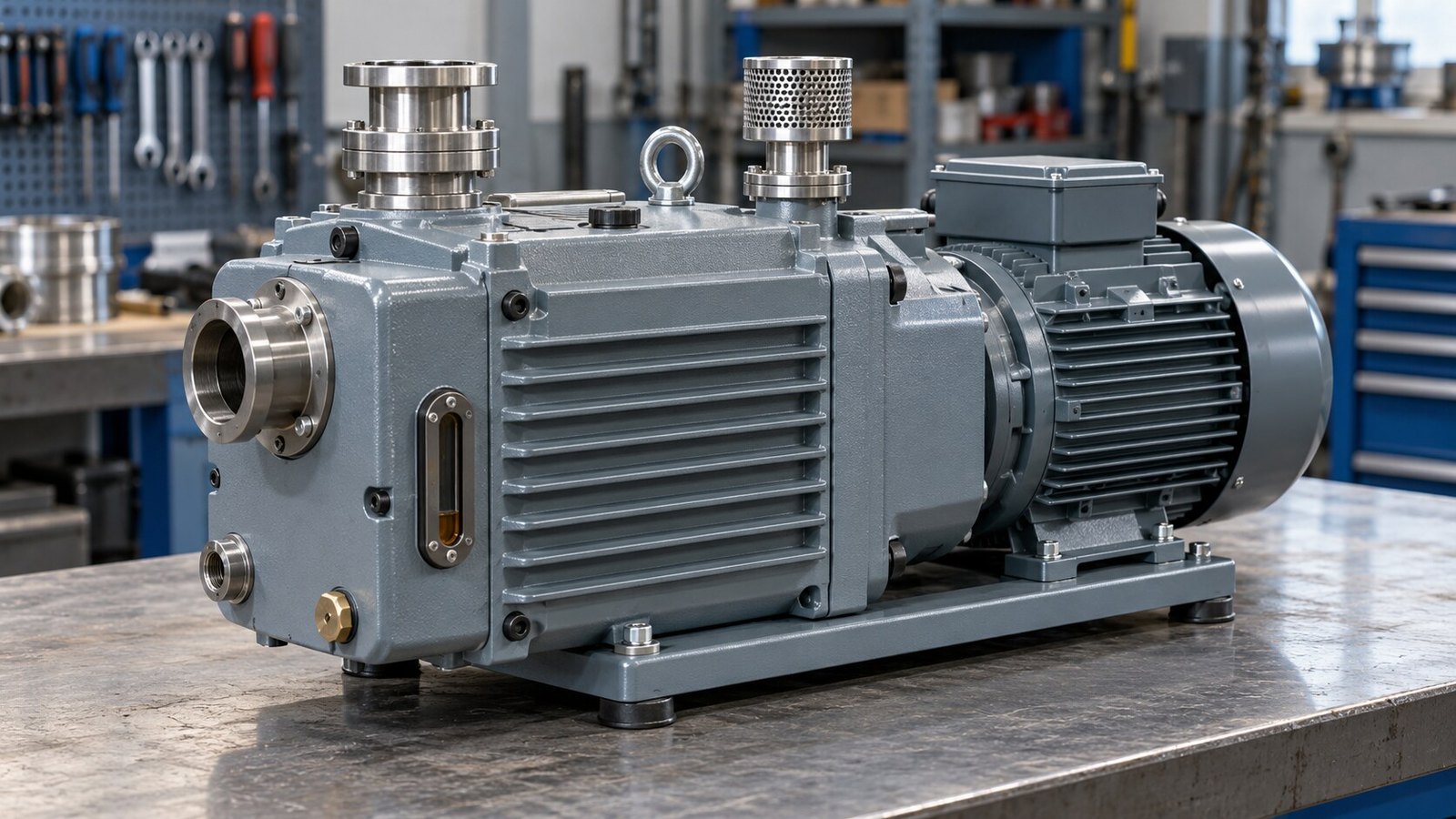 Representative vacuum pump and electric motor on a workshop bench